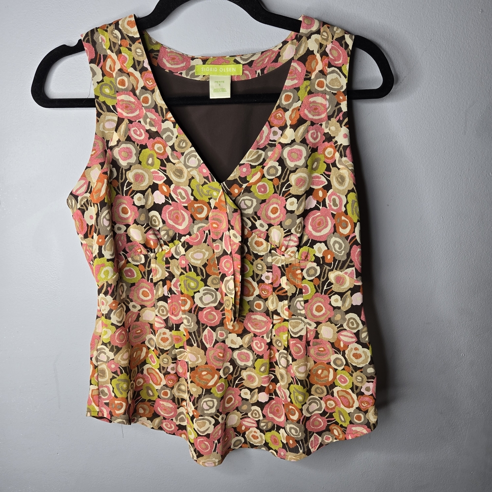 Sigrid Olsen Petite Floral Sleeveless Blouse Size 4P V-Neck Boho Chic Top Vtg.